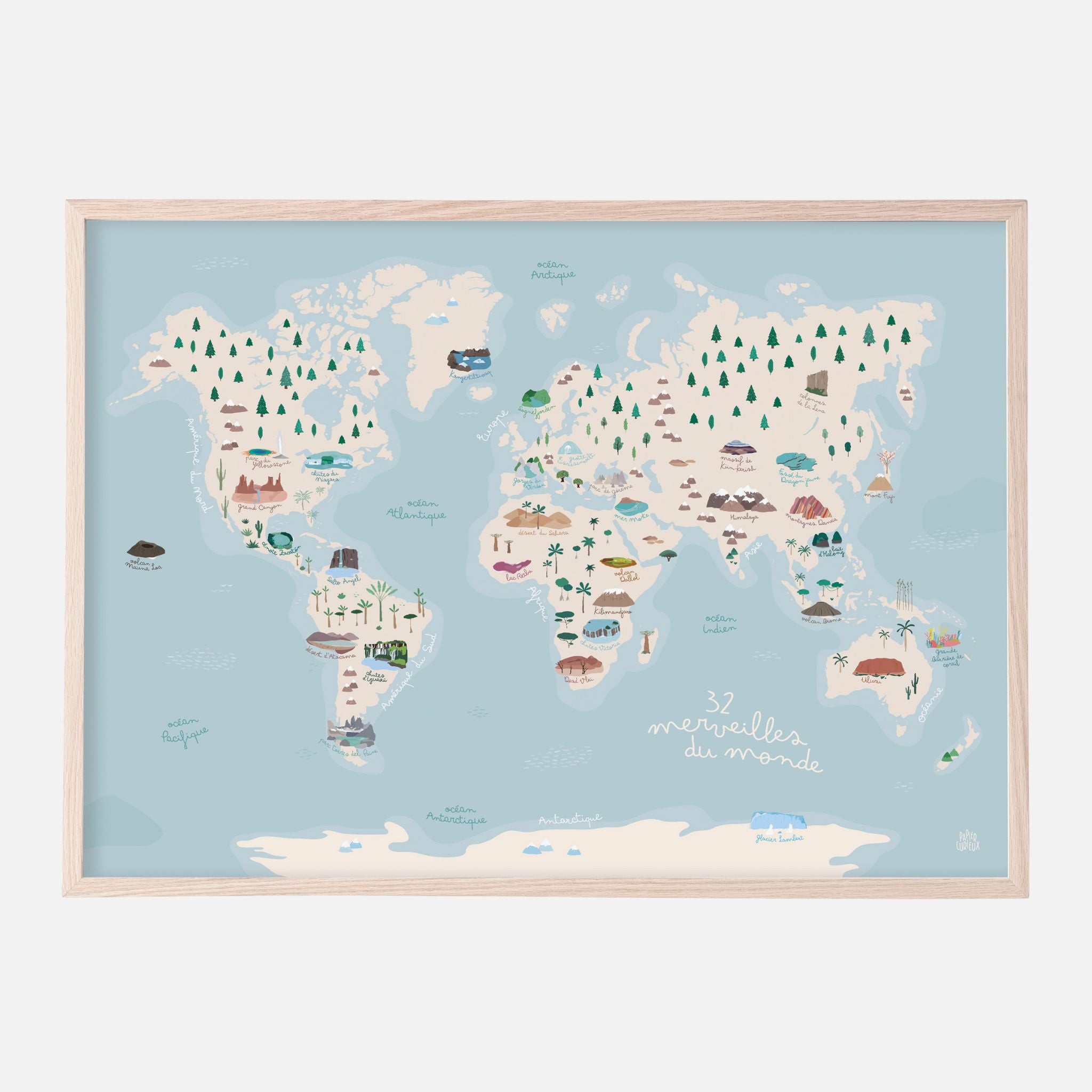 Affiche carte des merveilles du monde Papier Curieux