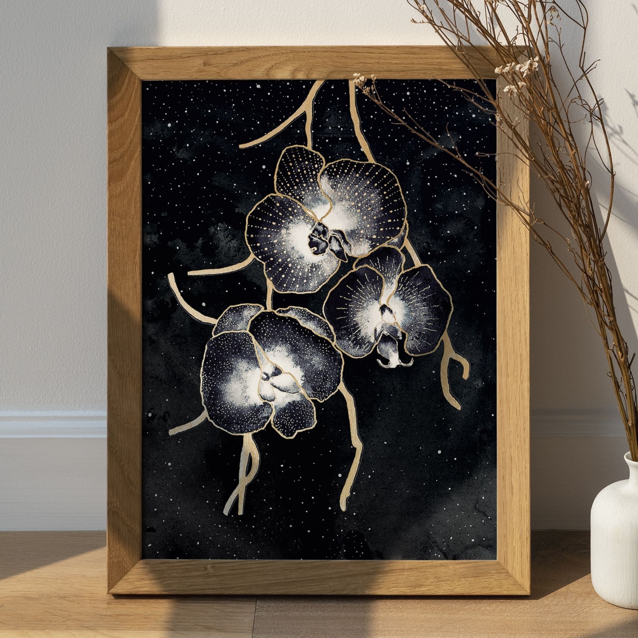 Affiche fond noir avec fleurs magiques orchidées célestes