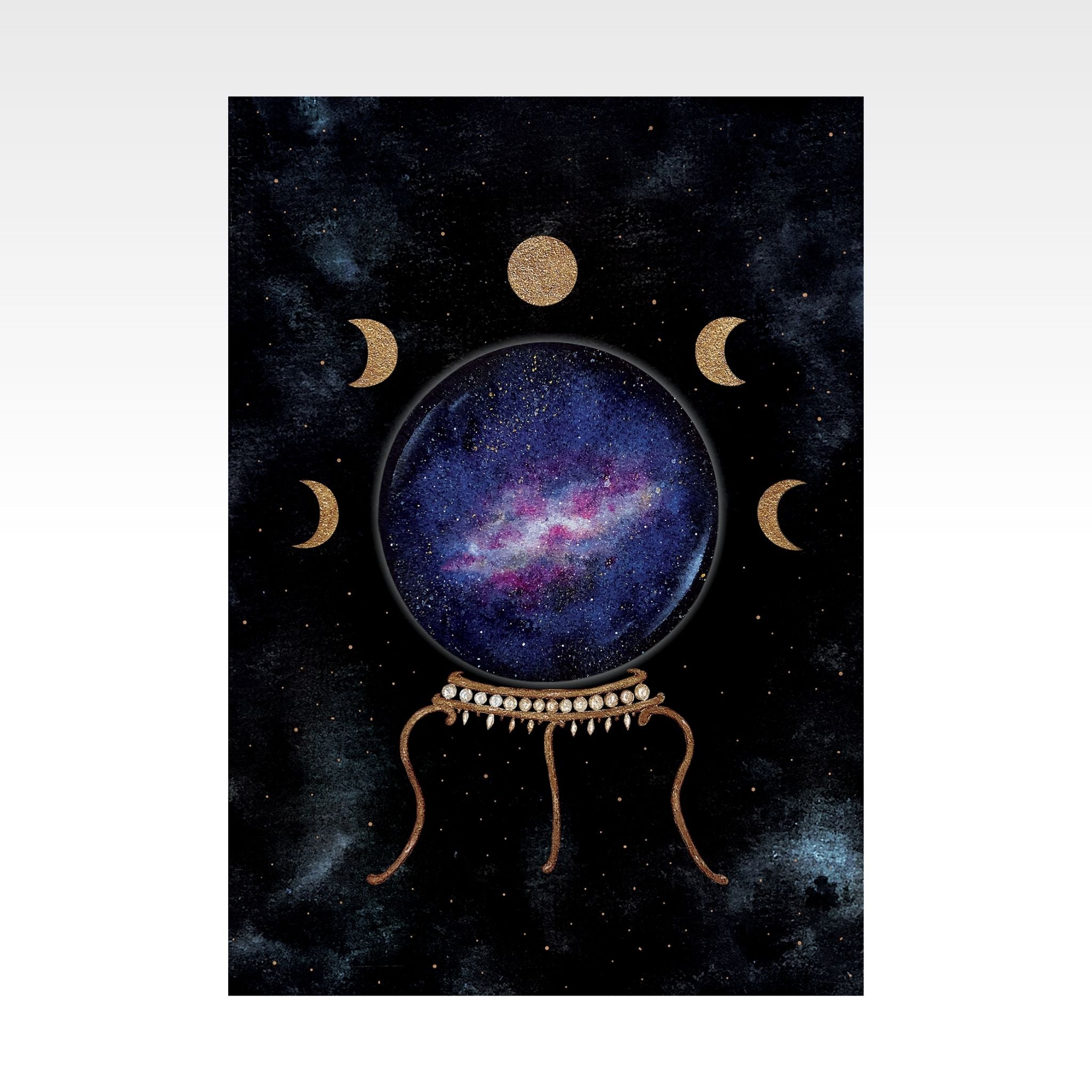 Affiche The Flow Design d'une boule de cristal magique et céleste dans un ciel étoilé entouré des phases de lune